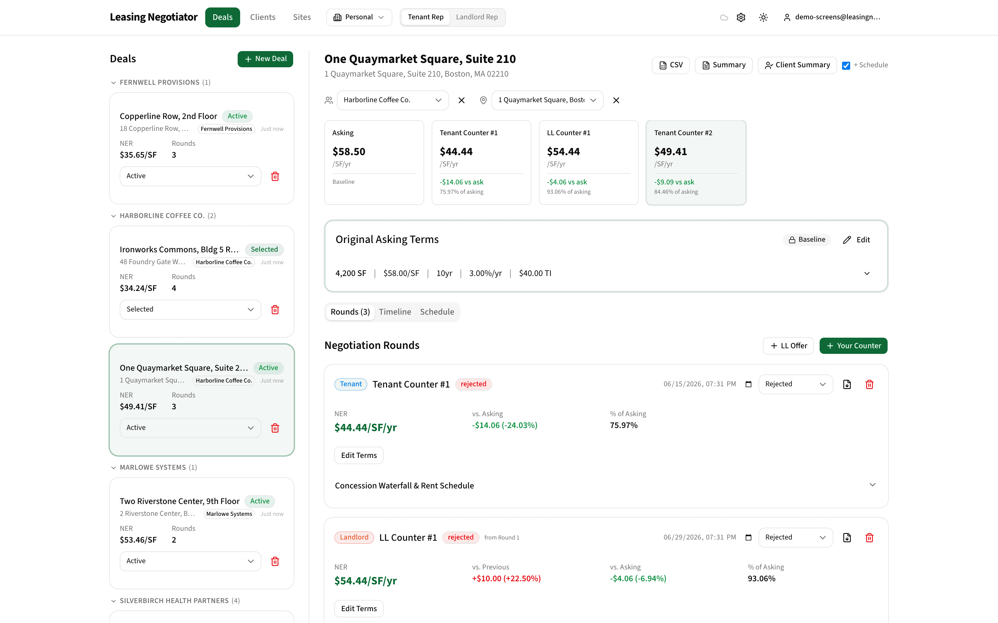 Leasing Negotiator dashboard showing a live deal with NER scoreboard and negotiation rounds